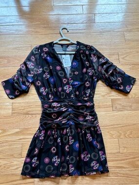 Desigual Black Mini Dress with Pink, Purple & Blue Medallion Print